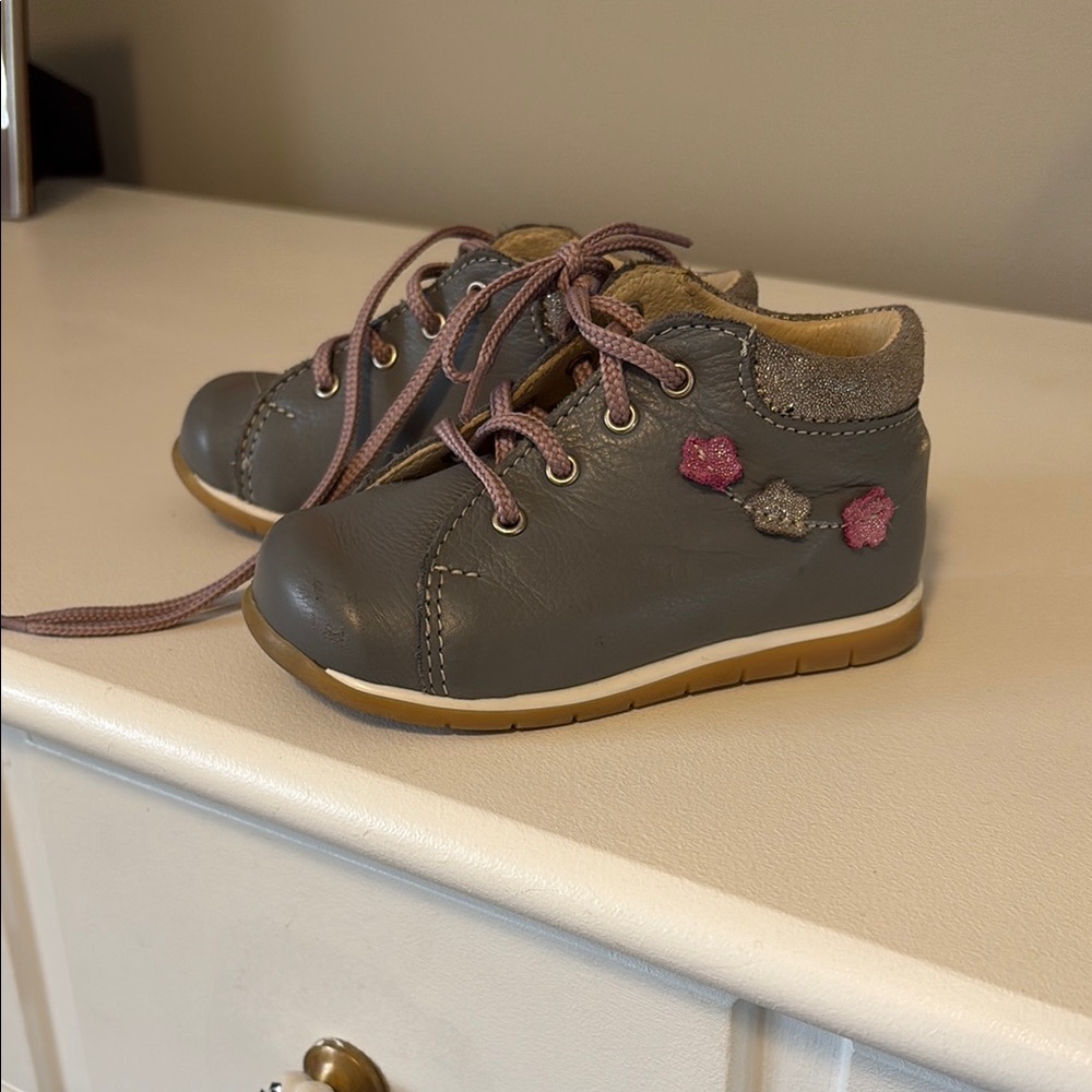 Gray Leather Toddler Shoes with Pink Accents